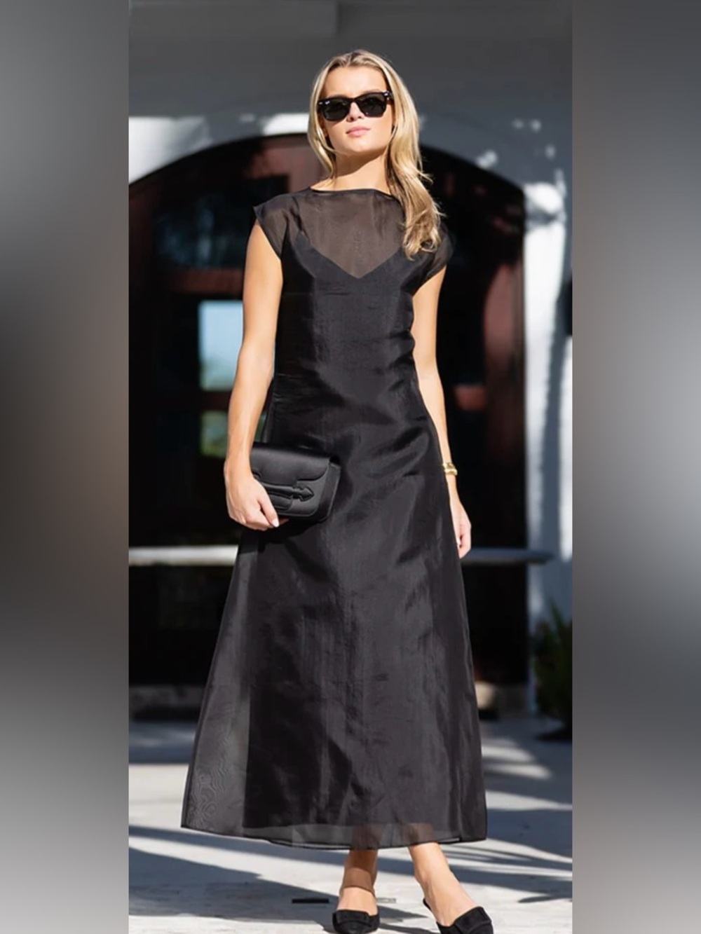 Chic Black Midi Dress with Sheer Yoke